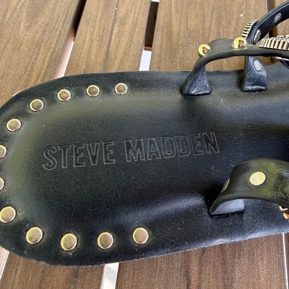 Steve Madden Recent Black Studded Gladiator Sandals Mixed Metal Boho Flat 9.5M
